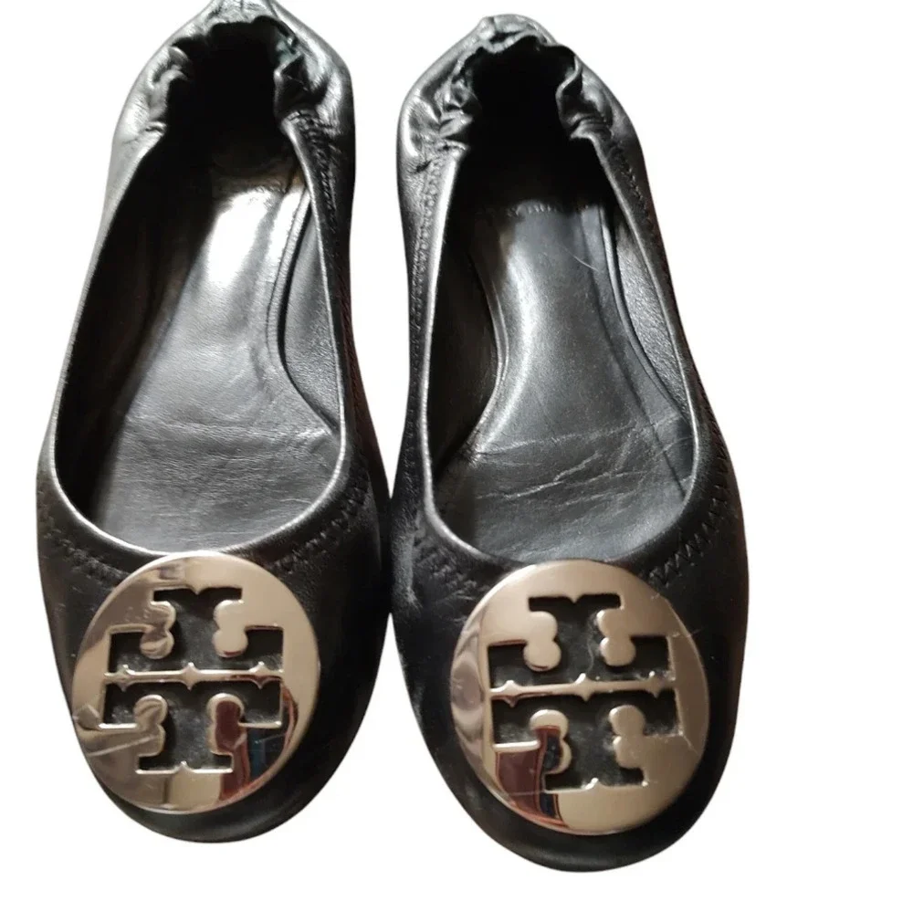TORY BURCH Reva Black Leather Silver Logo Ballet Flats